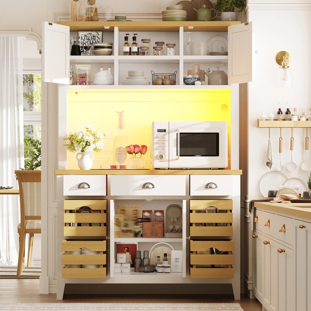 Credenza da cucina alta con ripiani regolabili e 4 cestelli, LED multicolore, in MDF bianco, 120 × 40 × 188 cm