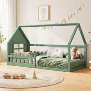 Letto a casetta 90 × 200 cm con 7 doghe struttura bassa in legno e MDF verde per cameretta