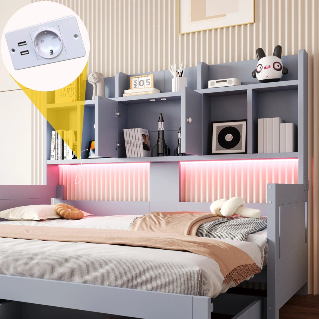 Letto estraibile in legno grigio con cassetti vani contenitore prese integrate e illuminazione LED