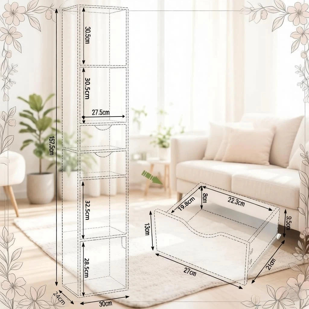 Libreria stretta con 3 vani, 2 cassetti e anta, ripiani regolabili, legno ingegnerizzato marrone, 30 × 24 × 157,5 cm