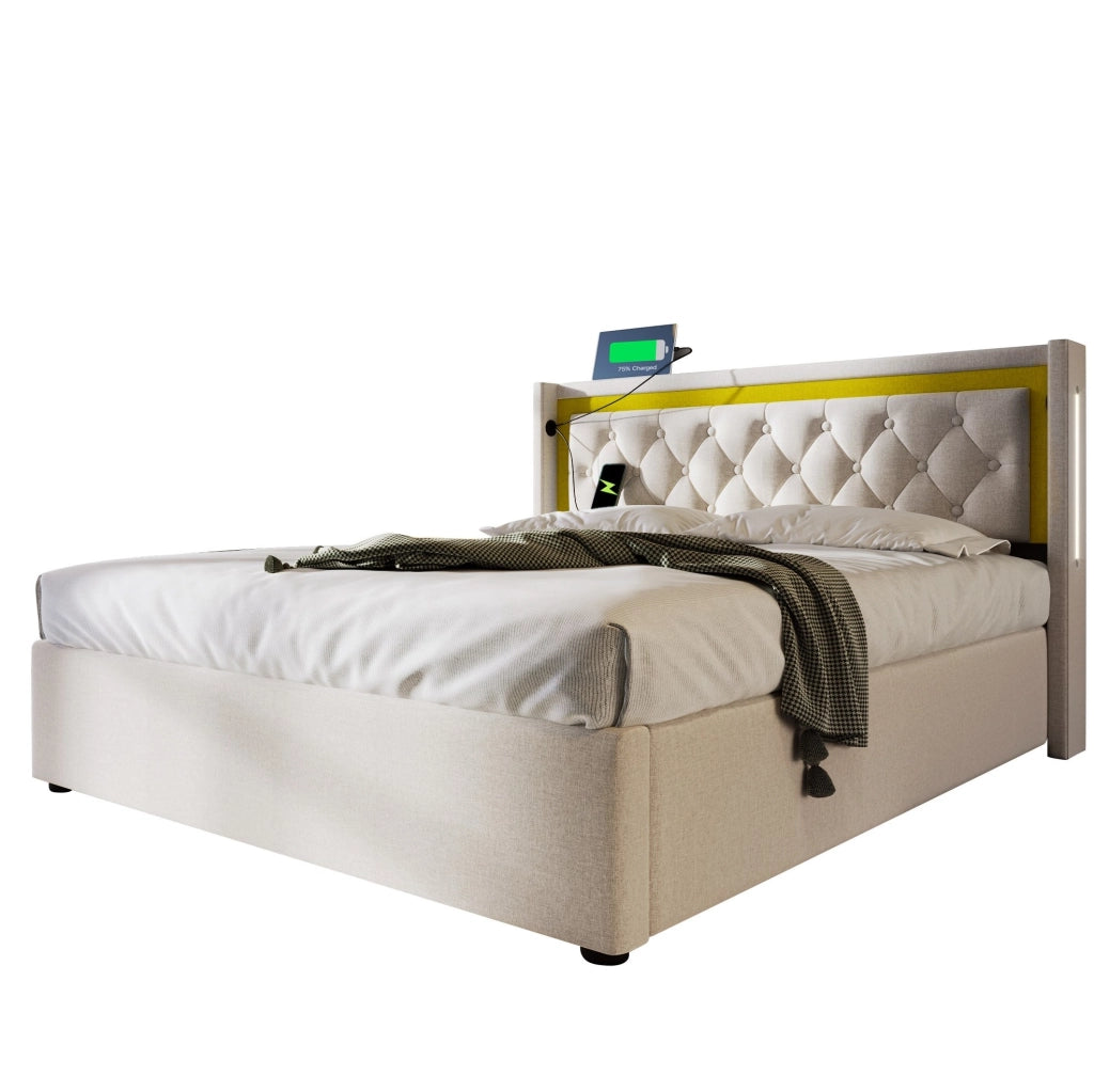 Letto matrimoniale 140x200 cm con contenitore; LED; USB e USB-C in cotone beige