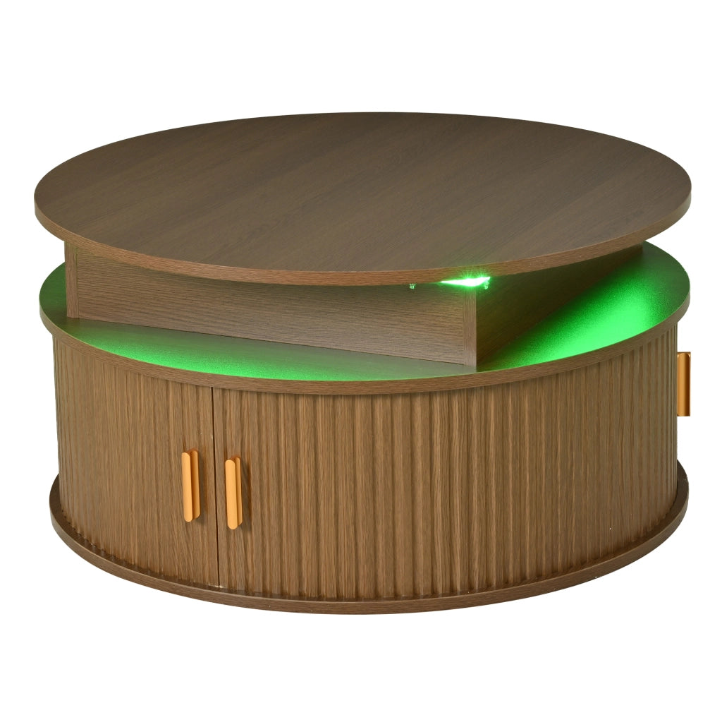 Tavolino rotondo regolabile 75x75x52 cm con LED, vani e porte avvolgibili in MDF noce