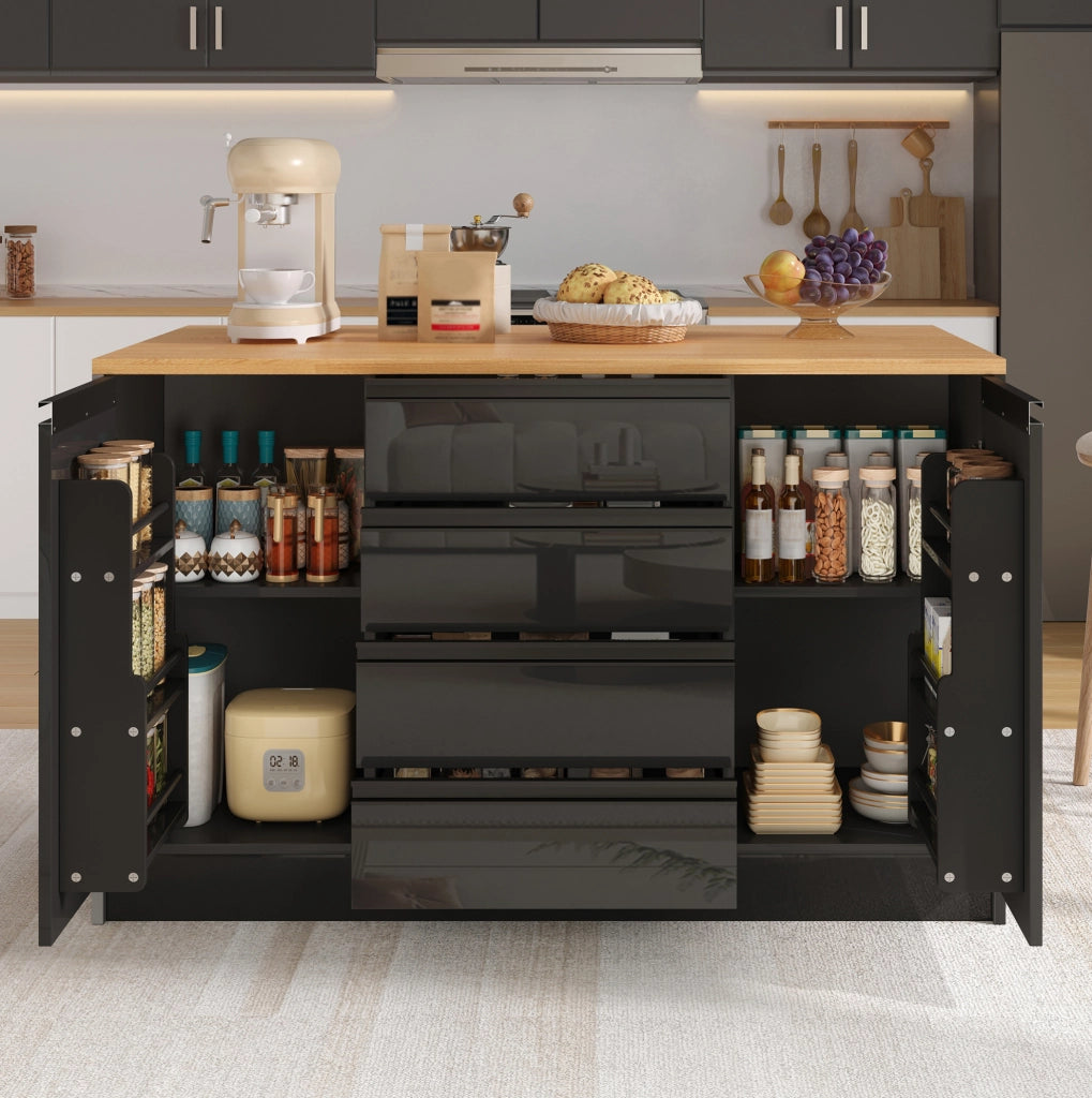 Isola cucina con piano estraibile 140x80x90 cm; 4 cassetti; 2 ante; MDF; nero