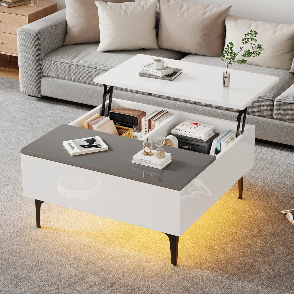 Tavolino basso alzabile con vano e cassetto LED in MDF bianco e grigio piano regolabile 70 × 70 × 35 cm