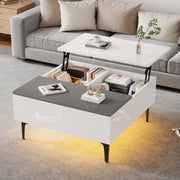 Tavolino basso alzabile con vano e cassetto LED in MDF bianco e grigio piano regolabile 70 × 70 × 35 cm