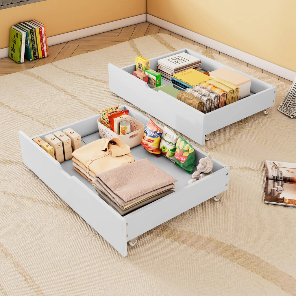 Cassetti contenitori sottoletto con ruote in MDF bianchi per letto da 90 × 200 cm 93 × 66.5 × 20 cm