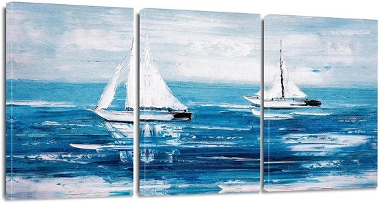 Decorazione da Parete a 3 Pezzi - Moderna - Blu Oceano/Vela - Stampato d'Arte 30 x 40 cm - Cornice in Legno Massello - Immagine da Parete ispiratrice