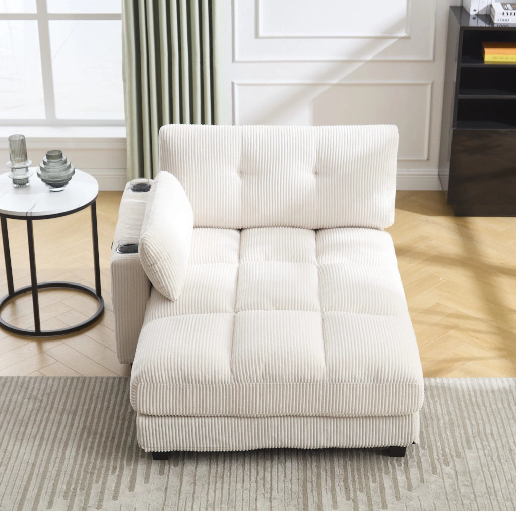 Poltrona lounge in velluto a coste beige con USB e portabevande