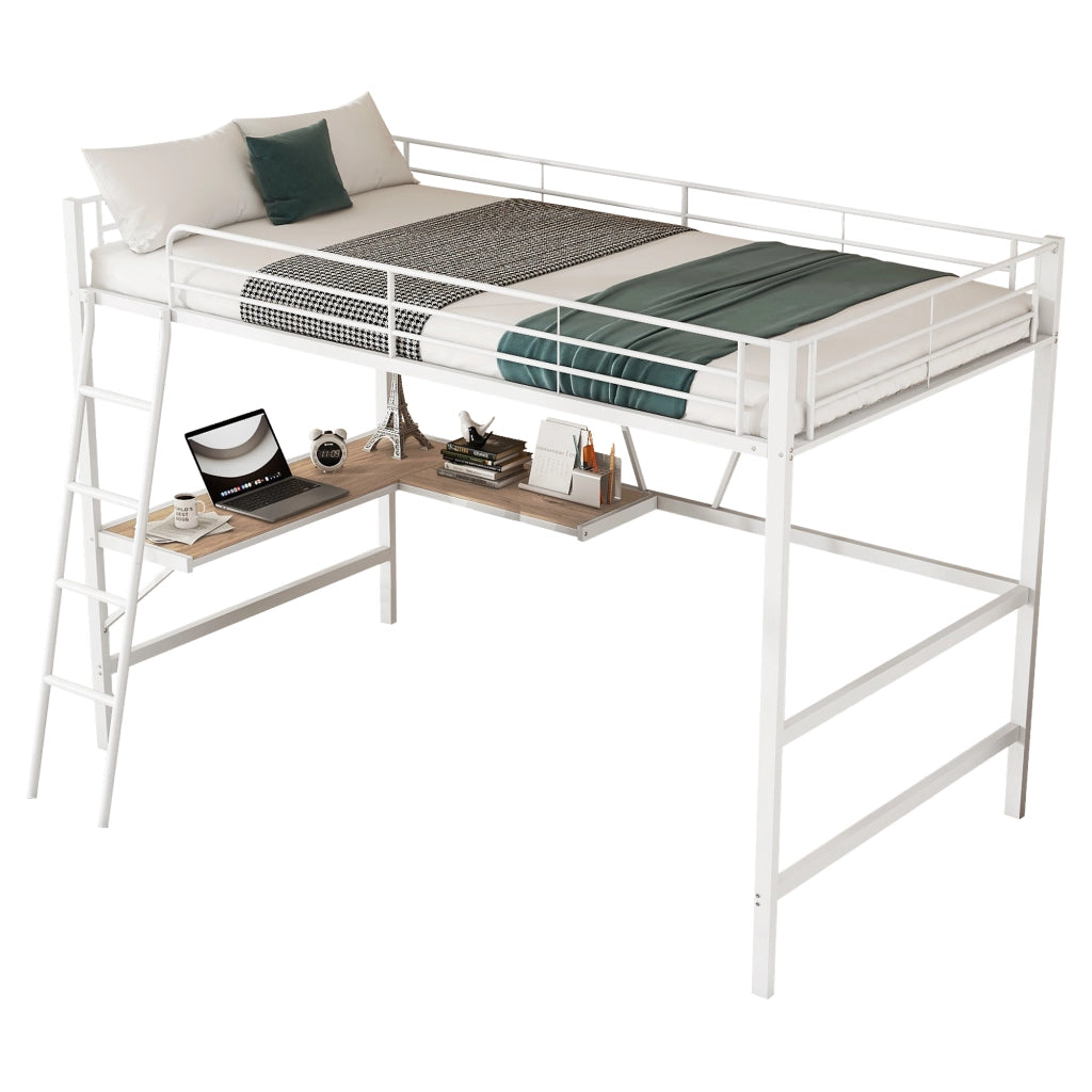 Letto a soppalco 90 × 200 cm con scrivania a L e scaffale in metallo e MDF bianco