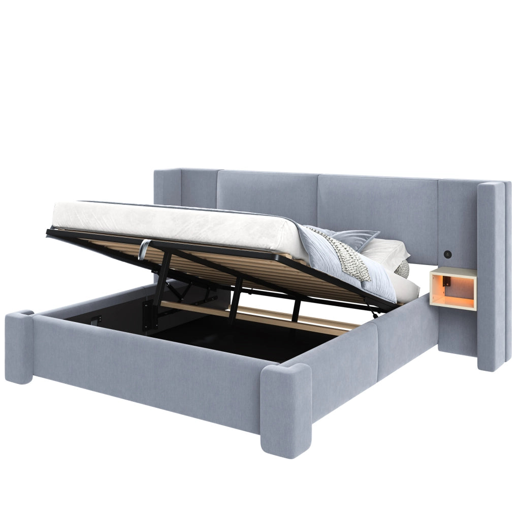 Letto matrimoniale 180x200 cm imbottito in lino grigio con contenitore idraulico e LED HOMVRA