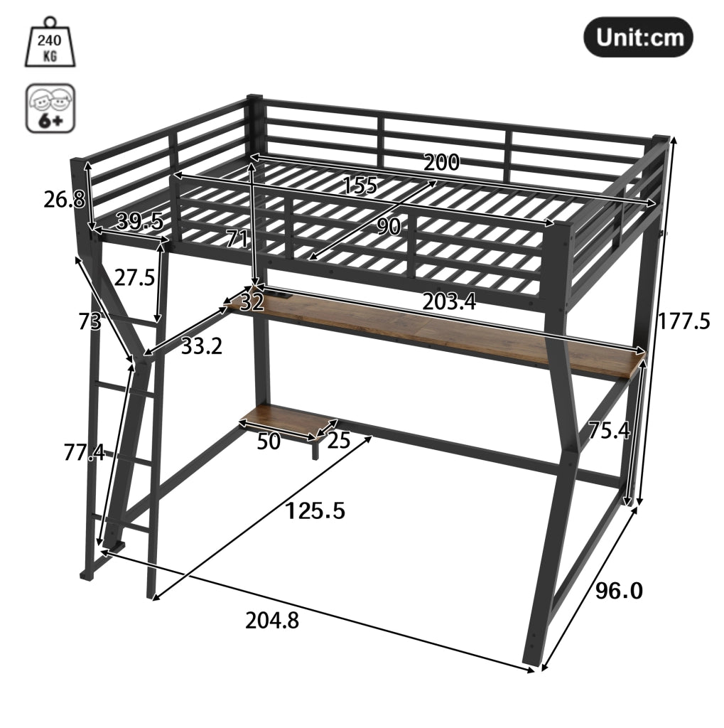 Letto a soppalco 90x200 cm con scrivania, LED e USB in metallo nero