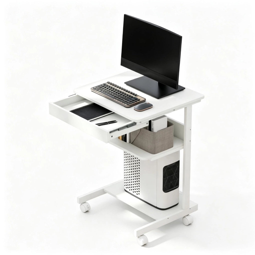 Scrivania per computer bianca 56x51x79 cm con cassetto, ripiano, supporto CPU e ruote per ufficio e home office