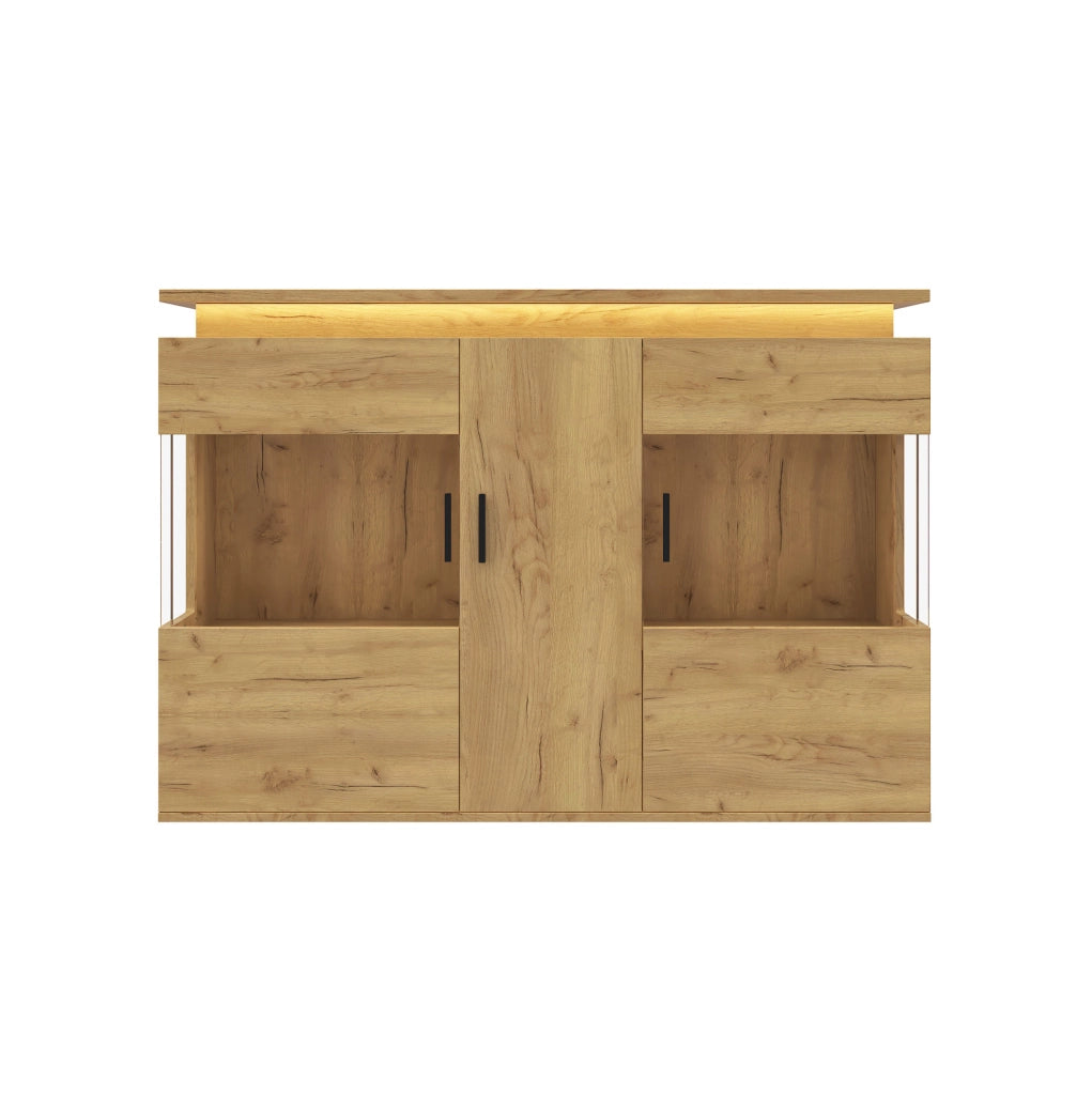 Buffet con illuminazione LED, prese USB e Type-C, anta in vetro e finitura effetto legno, 120x40x79,5 cm