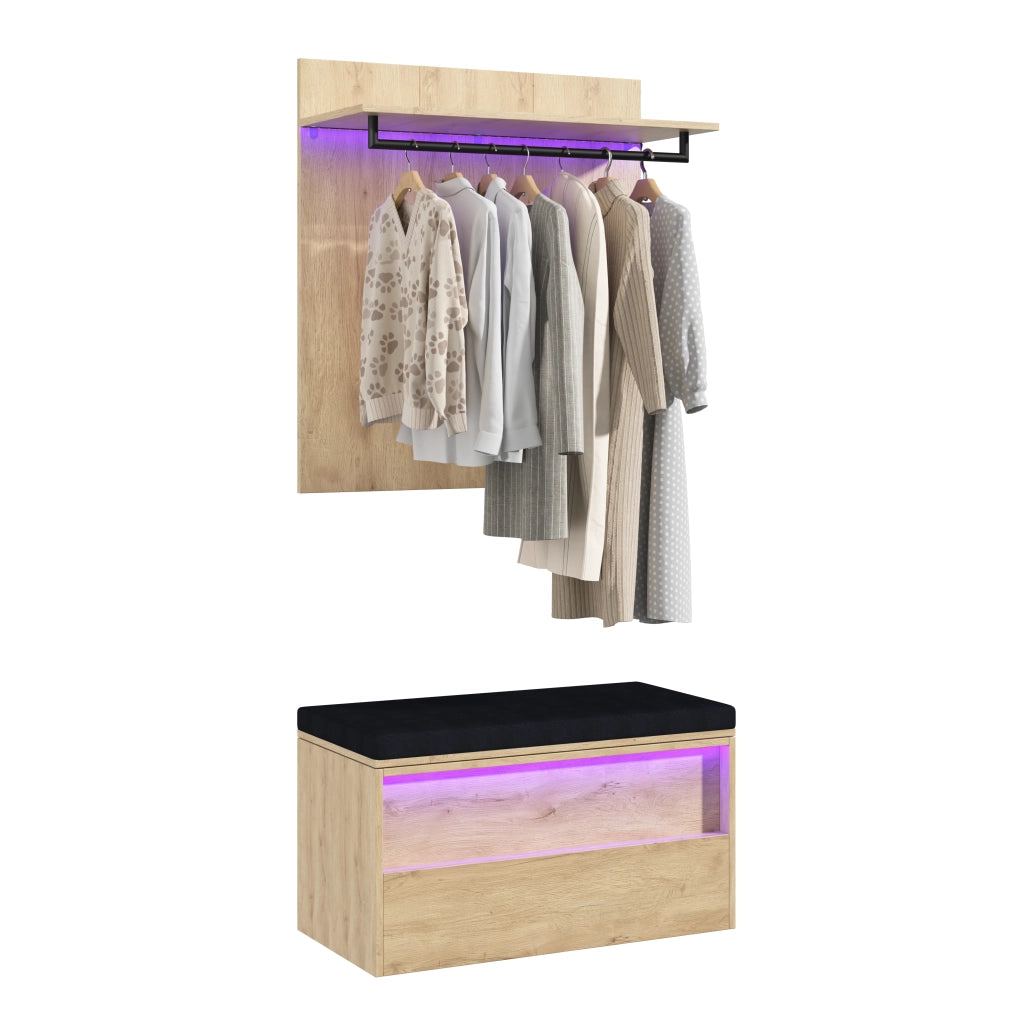 Set di mobili da ingresso con appendiabiti a parete; panca per scarpe con cuscino e LED; effetto rovere