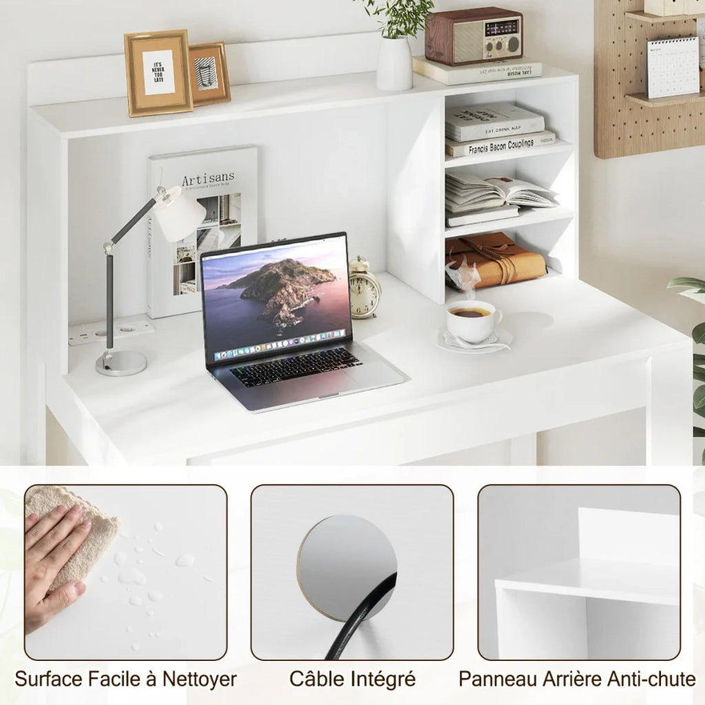 Scrivania Porta Computer con Libreria e Prese USB Type-C, Tavolo da Studio con Ripiani e Gestione Cavi, Bianco