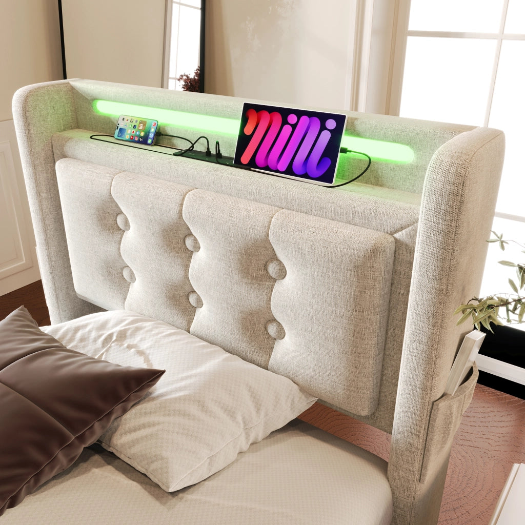 Letto imbottito 90x200 cm con contenitore; LED; prese USB e Type-C; beige