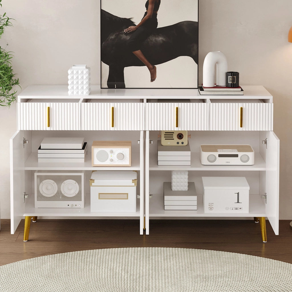 Credenza 4 ante e 4 cassetti con ripiani regolabili per soggiorno e sala da pranzo in MDF bianco con dettagli dorati