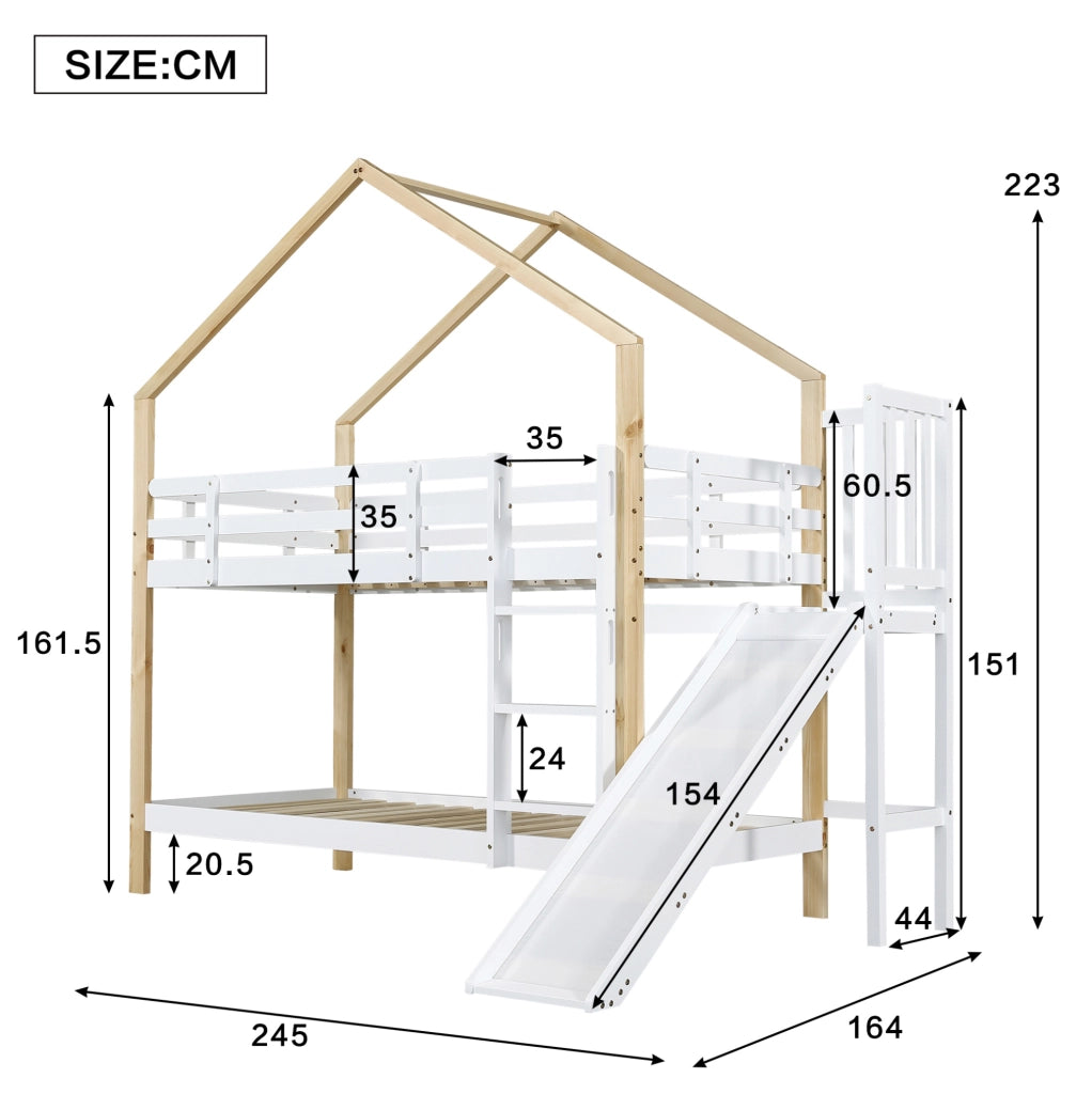 Letto a castello a casetta 90x200 cm con scivolo, scala e protezioni