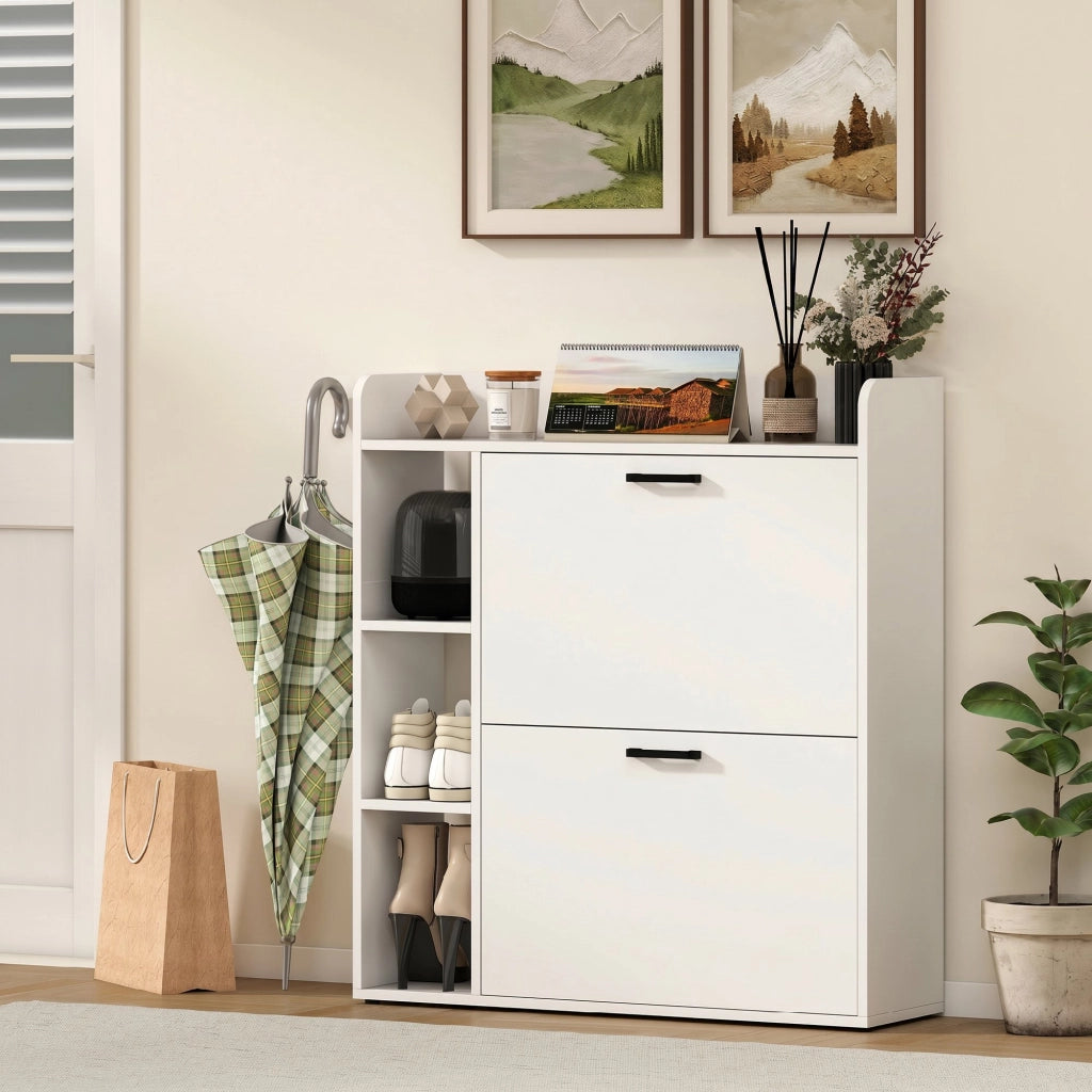 Scarpiera bianca 83×24×90,5 cm con ripiani regolabili e rimovibili, vani laterali, sistema antiribaltamento, capacità 8‑12 paia scarpe per ingresso