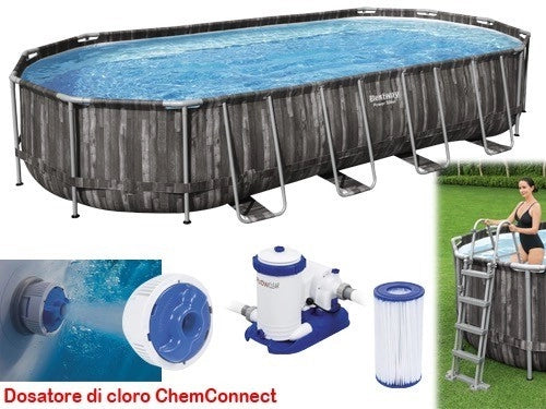 PISCINA OVALE FUORI TERRA STEEL SIMIL LEGNO BESTWAY 732x366xH122 -5611T + POMPA, DOSATORE, SCALETTA E TELO