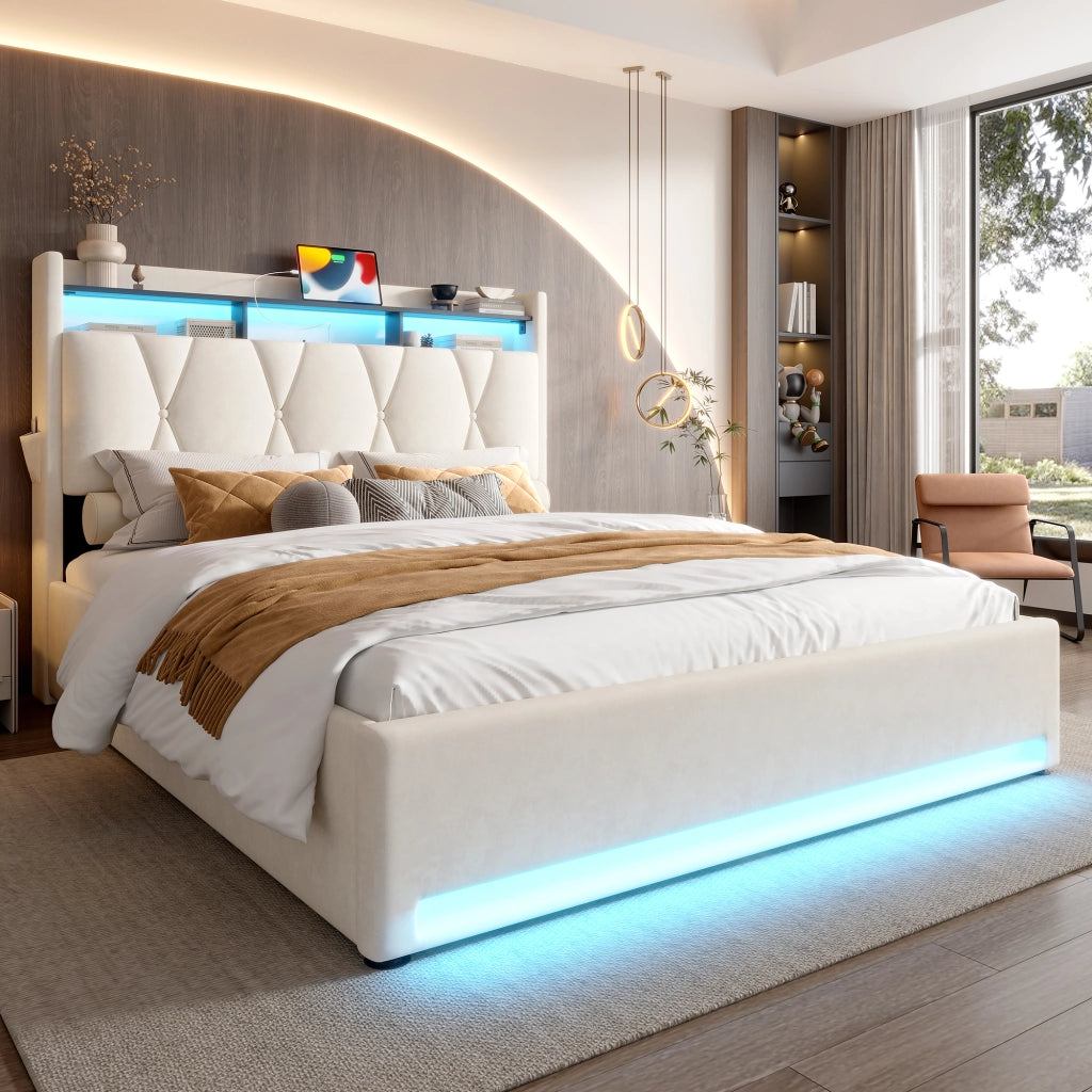 Letto matrimoniale 160x200 imbottito in velluto beige con testiera contenitore e luci LED