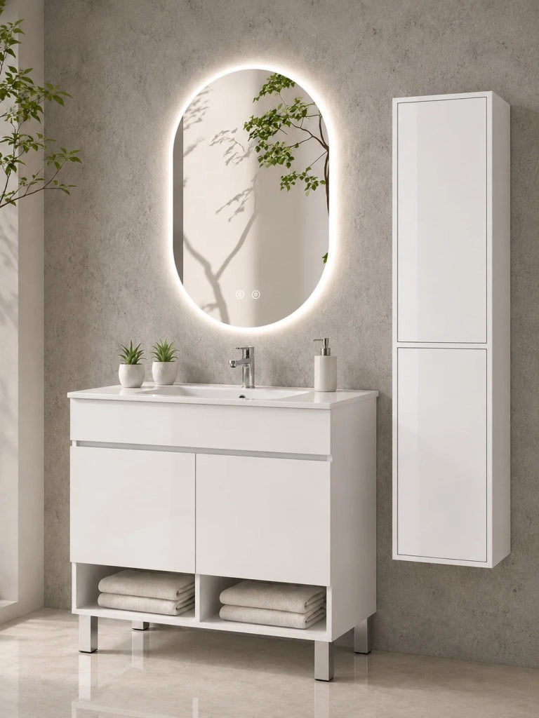 Mobile bagno con piedini con lavabo ORIGENBATH NEBARI con piedini e ante con colonna 80x40 cm bianco con colonna