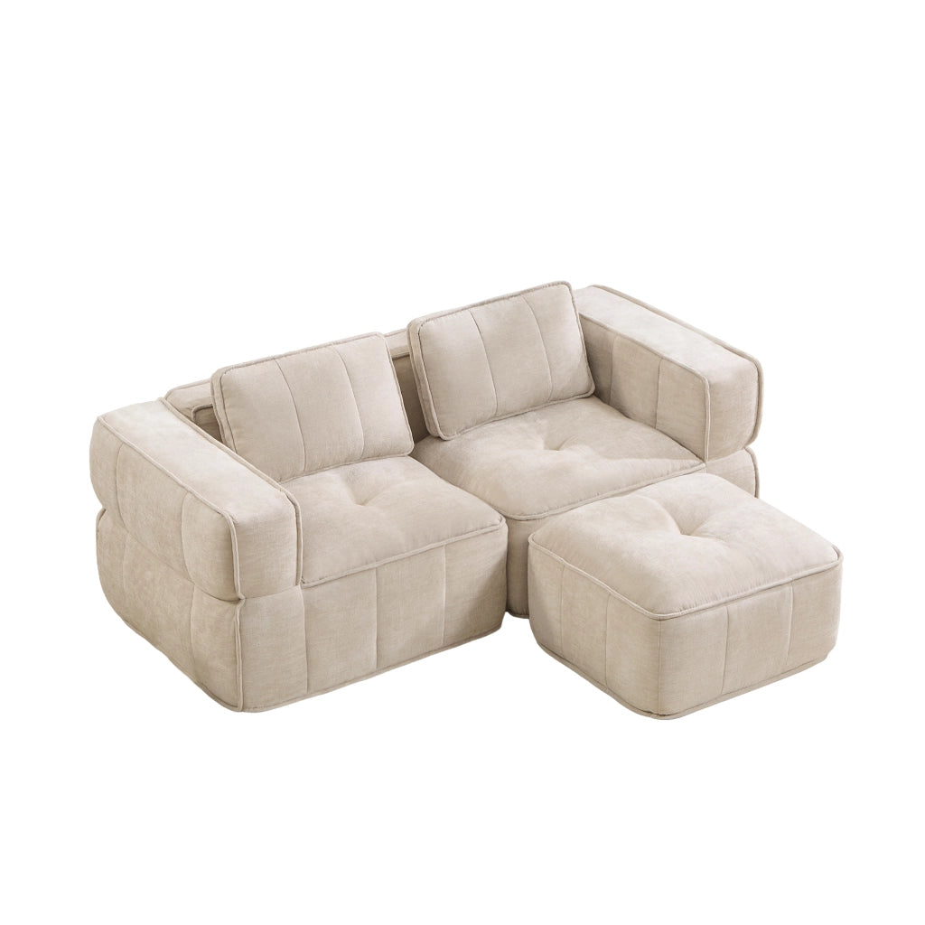 Divano modulare a L, 2 posti senza telaio con pouf beige in tessuto poliestere resistente, 198x162x67 cm