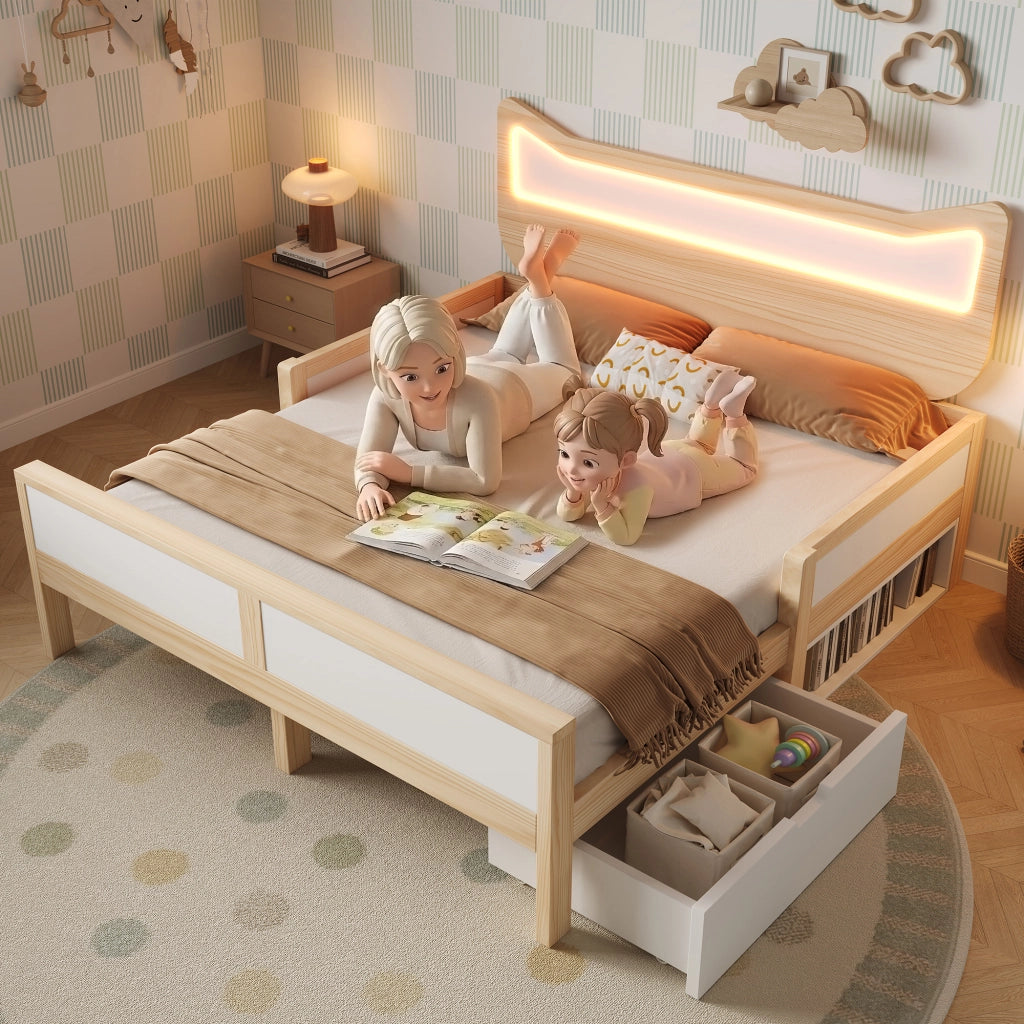 Letto per bambini 140×200 cm 1 posto con LED; cassetto e vano contenitore; senza materasso; bianco e rovere