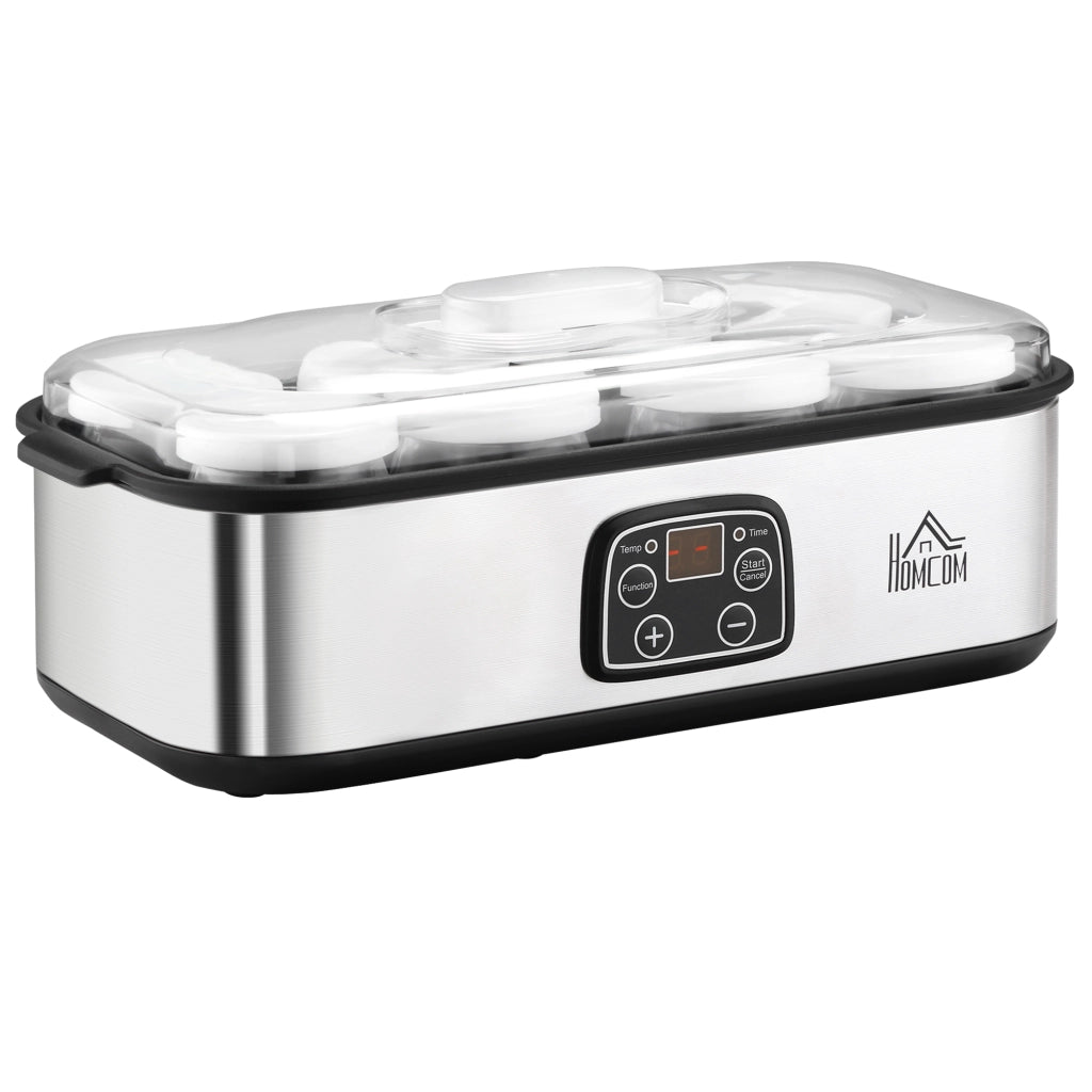 Yogurtiera Elettrica 25W con 8 Vasetti Inclusi, Timer 1-48 Ore e Temperatura Regolabile 20-50¡ãC, 36x18.8x14cm, Argento