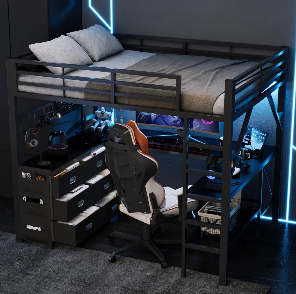 Letto a soppalco ULEVR 140x200 cm con scrivania, cassetti, ripiano LED e barra appendiabiti, nero