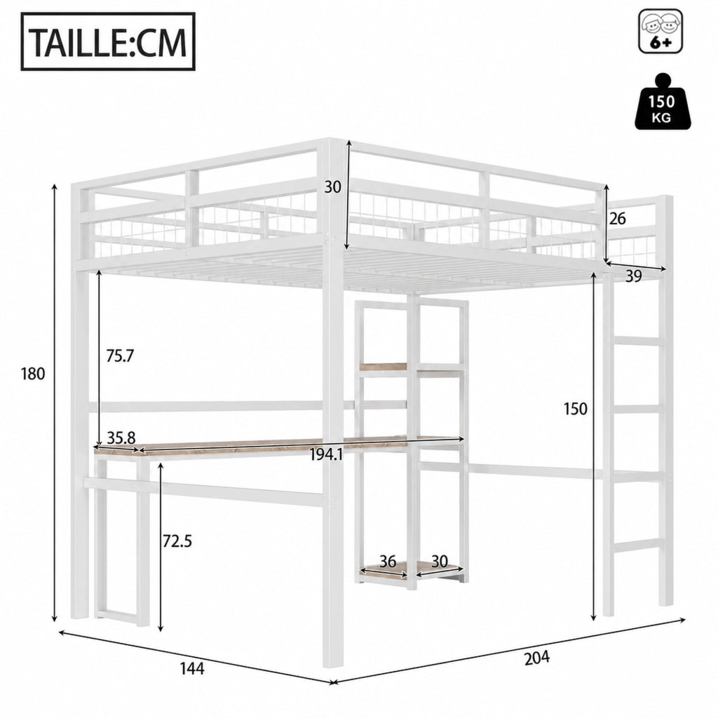 Letto a soppalco 140 × 200 cm con scrivania prese USB e type-c in metallo bianco ripiani scala e sponde