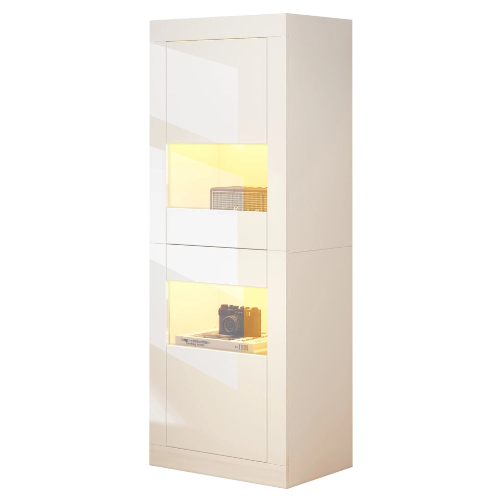 Vetrina LED con 2 ante e ripiani in vetro regolabili in truciolato bianco lucido da soggiorno 61 × 42 × 162 cm