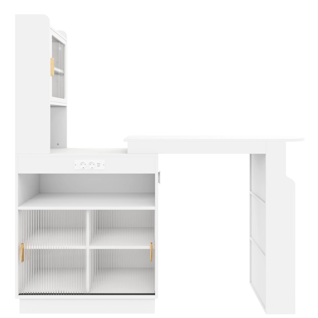Tavolo bar allungabile con armadi e ripiani regolabili, LED e prese integrate per cucina e soggiorno, moderno, bianco