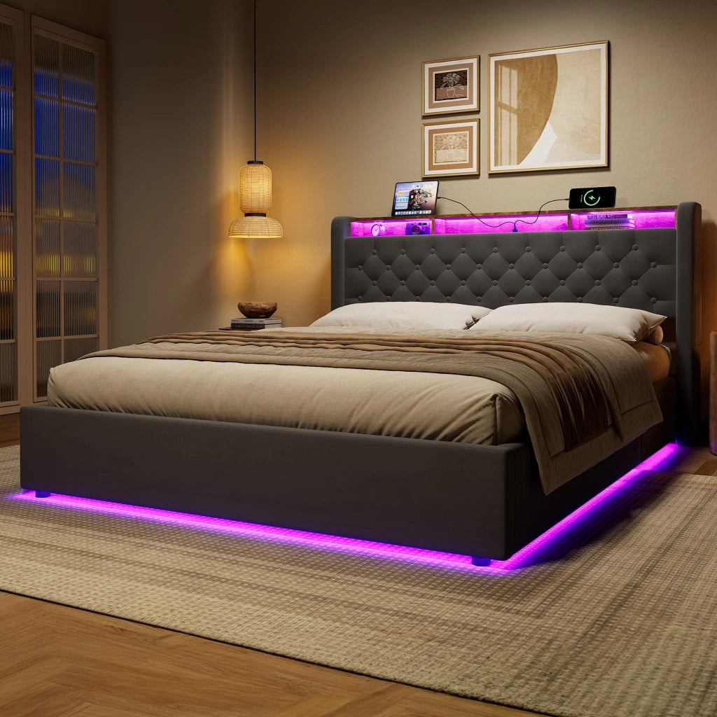 Letto contenitore matrimoniale 160x200cm;LED;vano contenitore;presa elettrica;testiera reclinabile;base imbottita;grigio scuro;materasso escluso