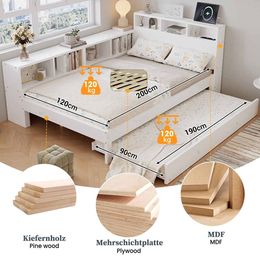 Letto multifunzione 120 x 200 cm con LED e contenitori, letto estensibile in legno bianco con testiera e struttura salvaspazio