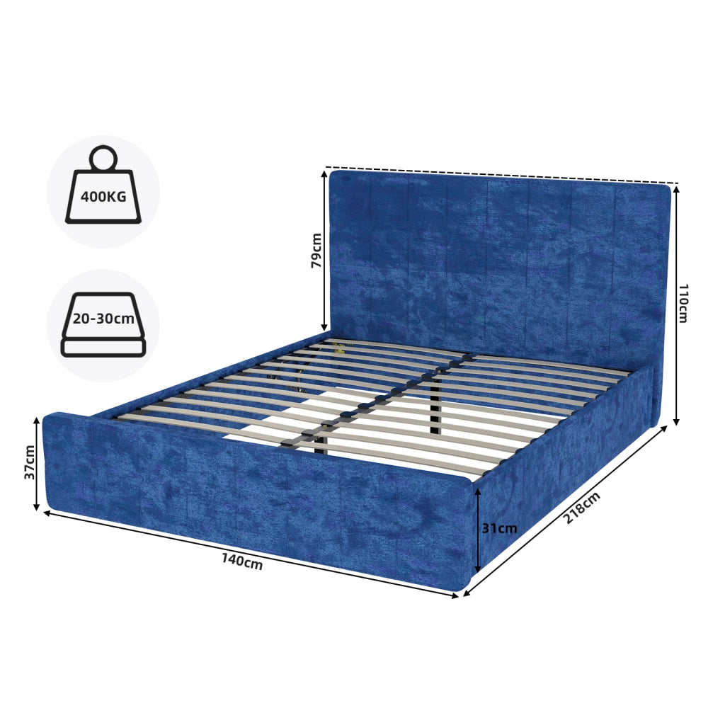 Letto imbottito matrimoniale 140×200 cm con testiera trapuntata, senza materasso, tessuto in velluto blu