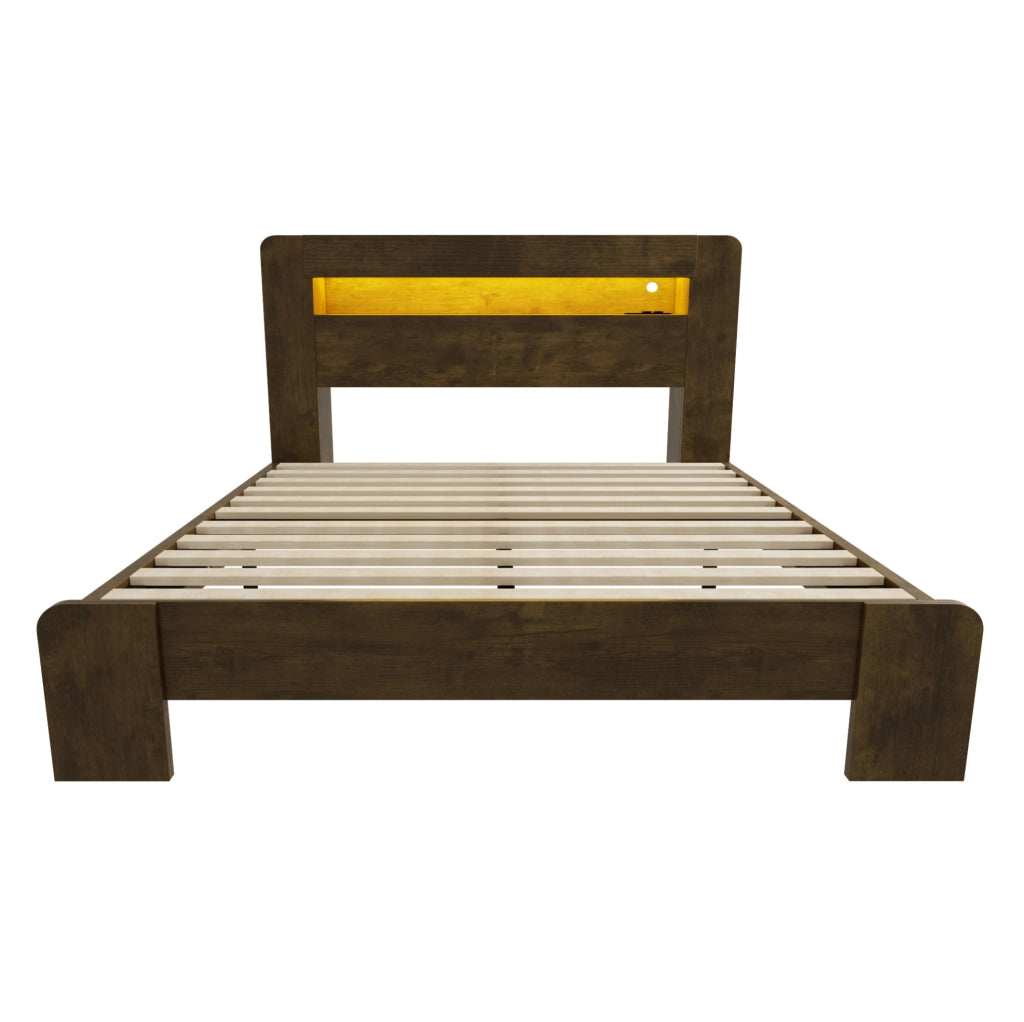 Letto matrimoniale ULEVR 140x200 cm con testiera contenitore, LED e prese integrate, finitura legno vintage