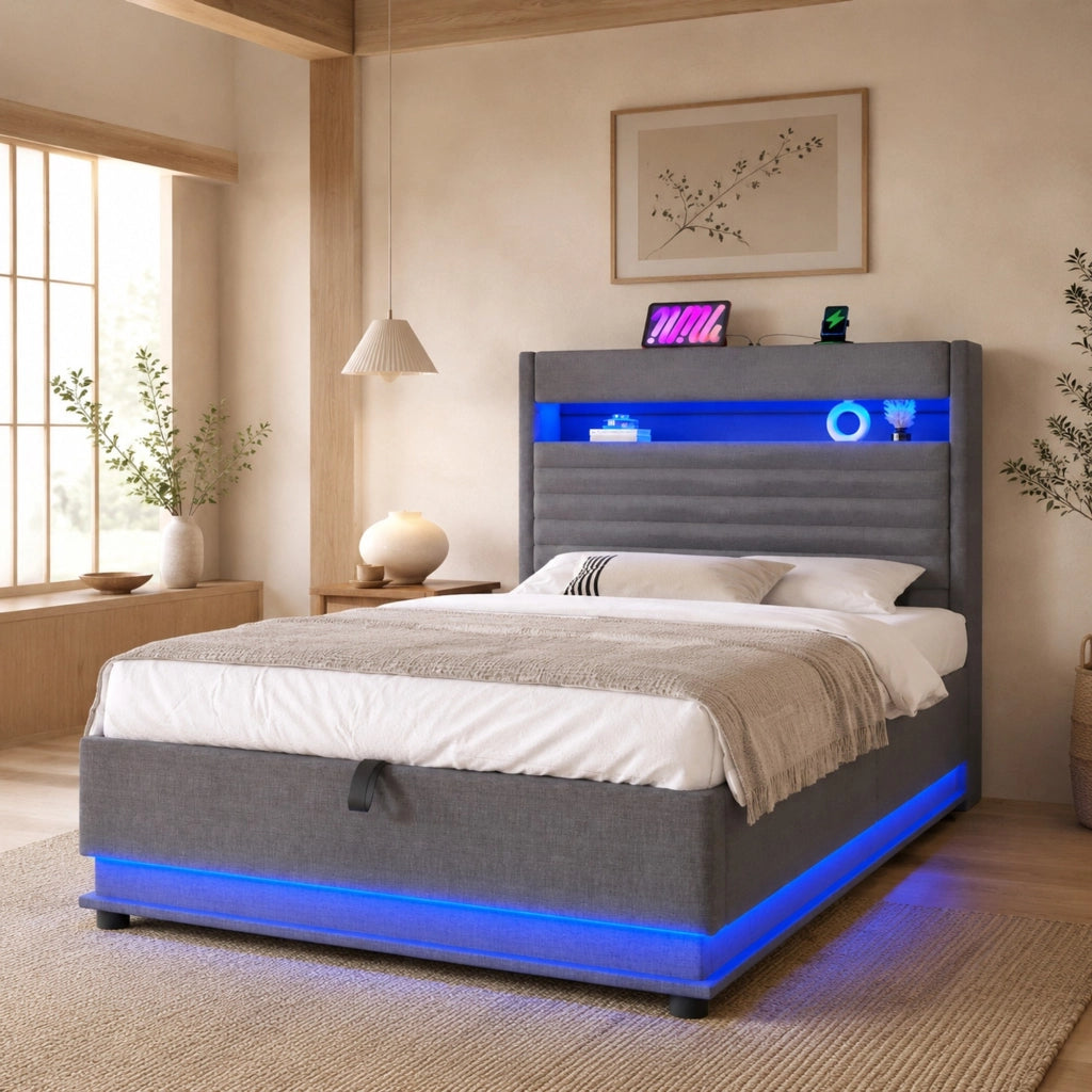 Letto contenitore 90 × 200 cm con illuminazione LED e porte USB Type-C rivestito in lino grigio