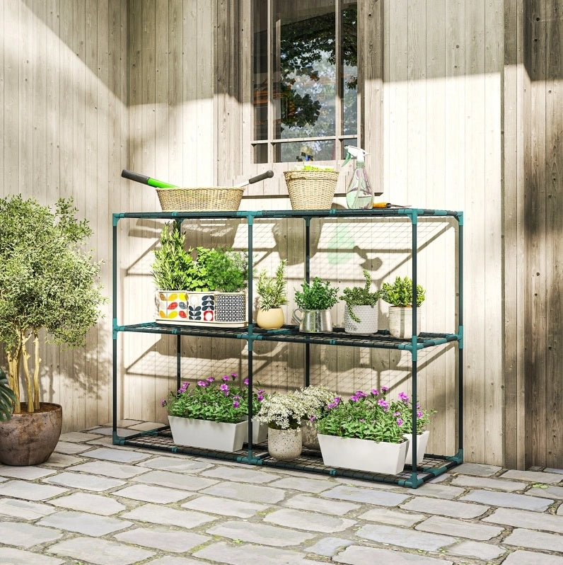 Portapiante 3 livelli 143x48x100 cm verde scuro, acciaio con ripiani