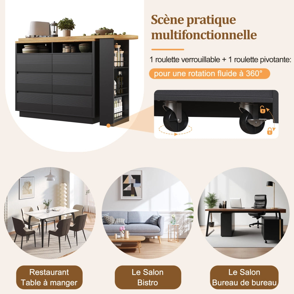 Tavolo alto allungabile girevole con 6 cassetti e ripiano laterale in MDF nero 137 × 39 × 102.3 cm