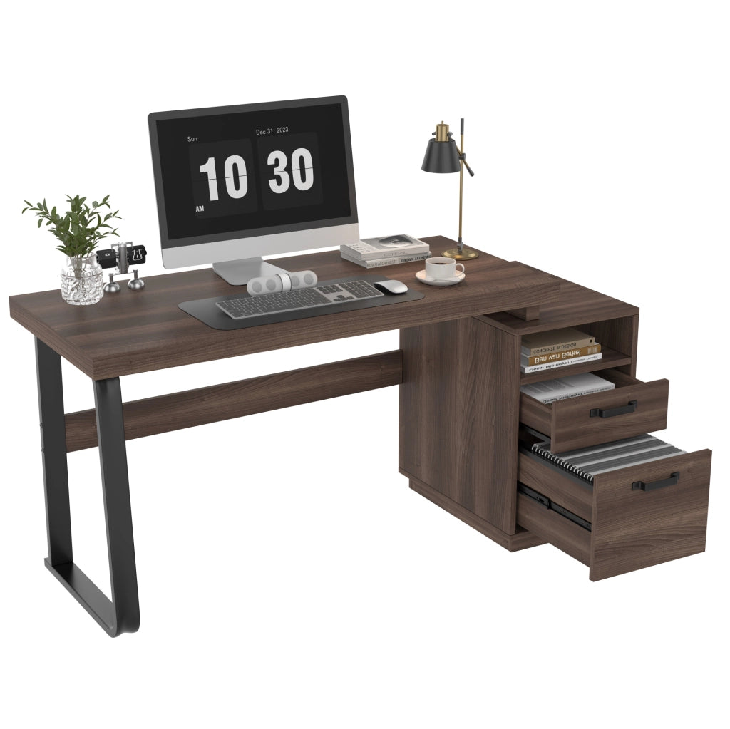 Scrivania moderna 135x54 cm in MDF con struttura in tubi d'acciaio, design multifunzionale con cassetto silenzioso e spazio porta documenti, colore marrone