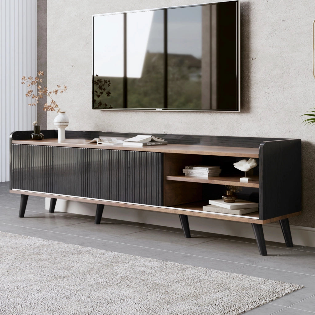 Mobile TV con due ante scorrevoli a righe e due cassetti in pannello truciolare nero e legno 160 × 40 × 58 cm