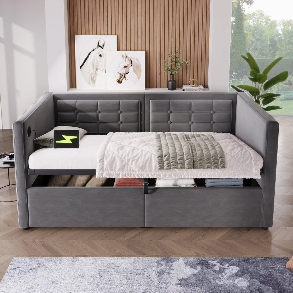 Divano letto imbottito 90x190 cm in velluto grigio con contenitore; USB e Type-C