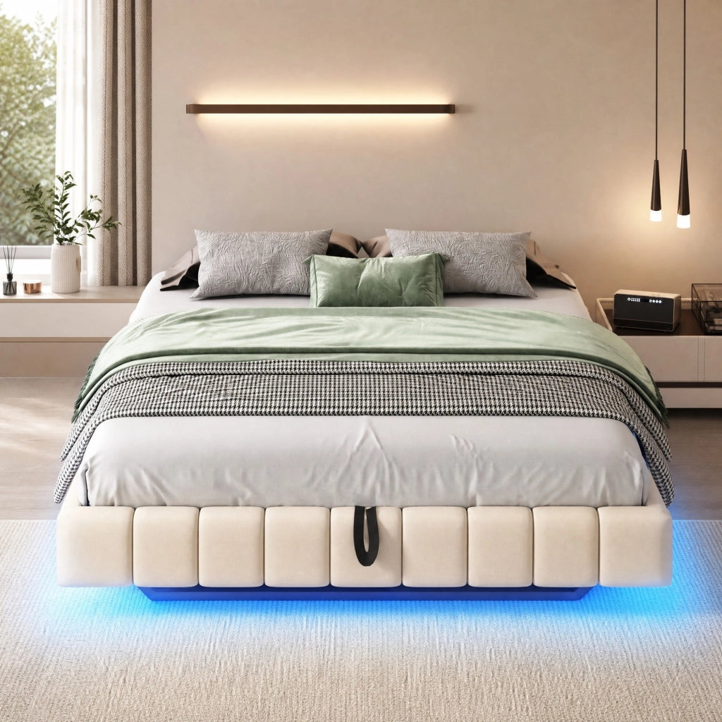 Letto imbottito sospeso 160x200 cm con contenitore, LED e struttura in metallo, Beige