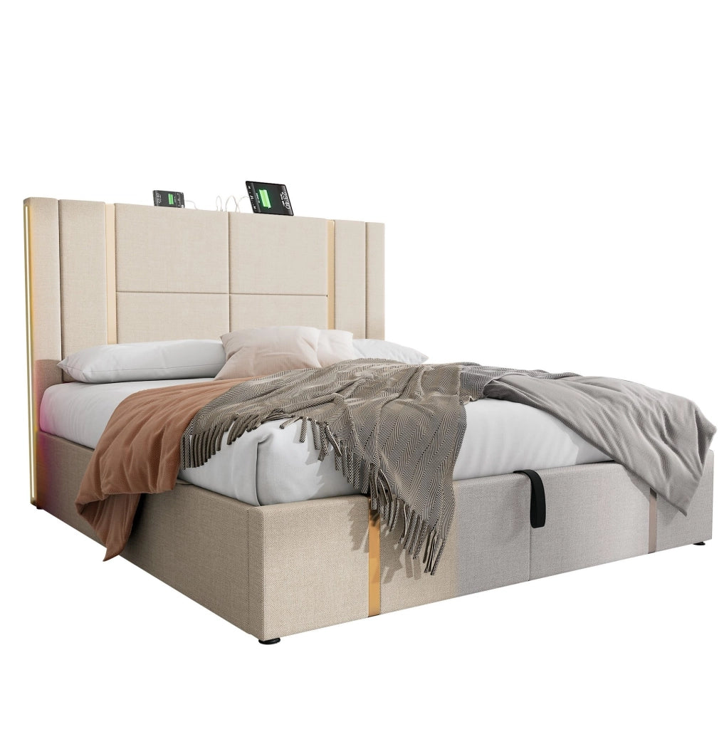 Letto 160x200 cm con contenitore, LED RGB, USB e USB-C in lino beige