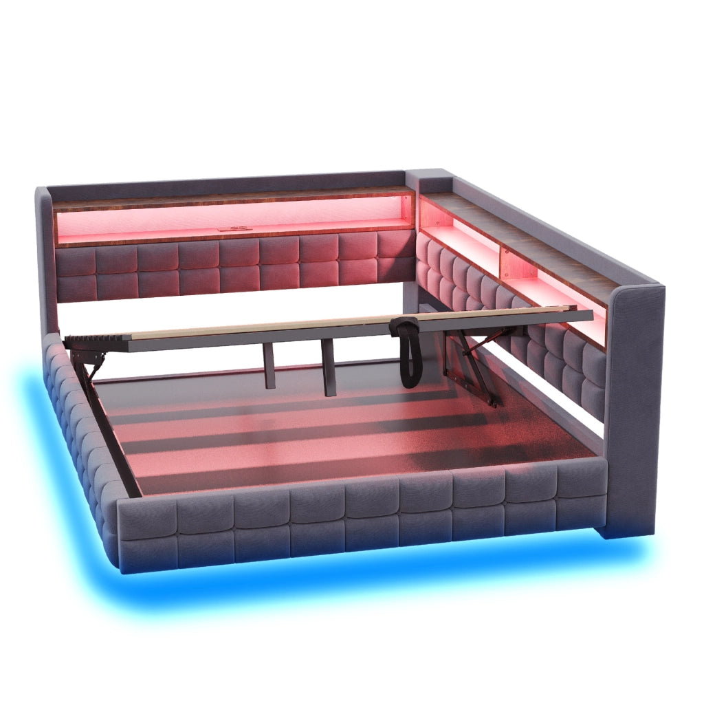 Divano letto imbottito 140x200 cm con contenitore; LED; prese USB e Type-C; grigio