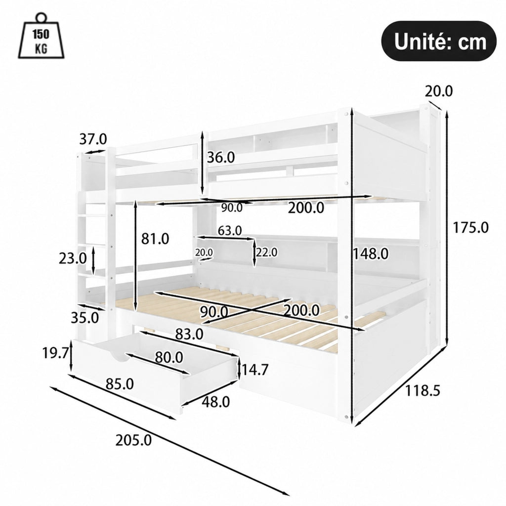 Letto a castello per bambini 90 × 200 cm con cassetto e ripiani laterali in legno bianco