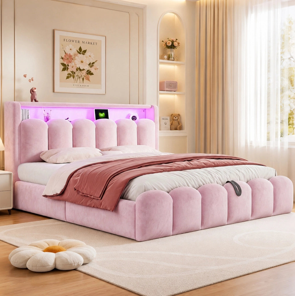 Letto matrimoniale imbottito 180x200 cm con contenitore, LED, USB e Type-C, rosa