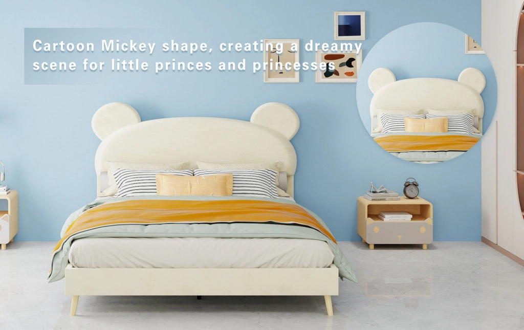 Letto Per Bambini Beige 140x200 cm con Testiera Morbida a Tema Orso e Materasso a Molle