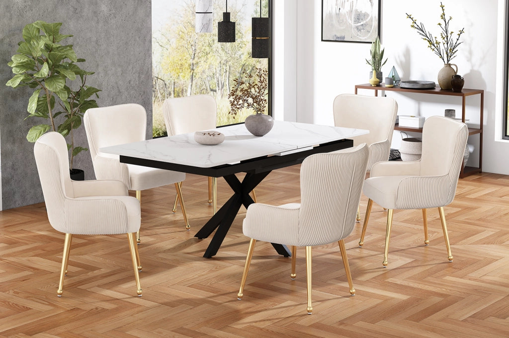 Set di 2 Sedie da Pranzo in Velluto Beige con Gambe Metalliche Dorate Regolabili e Braccioli